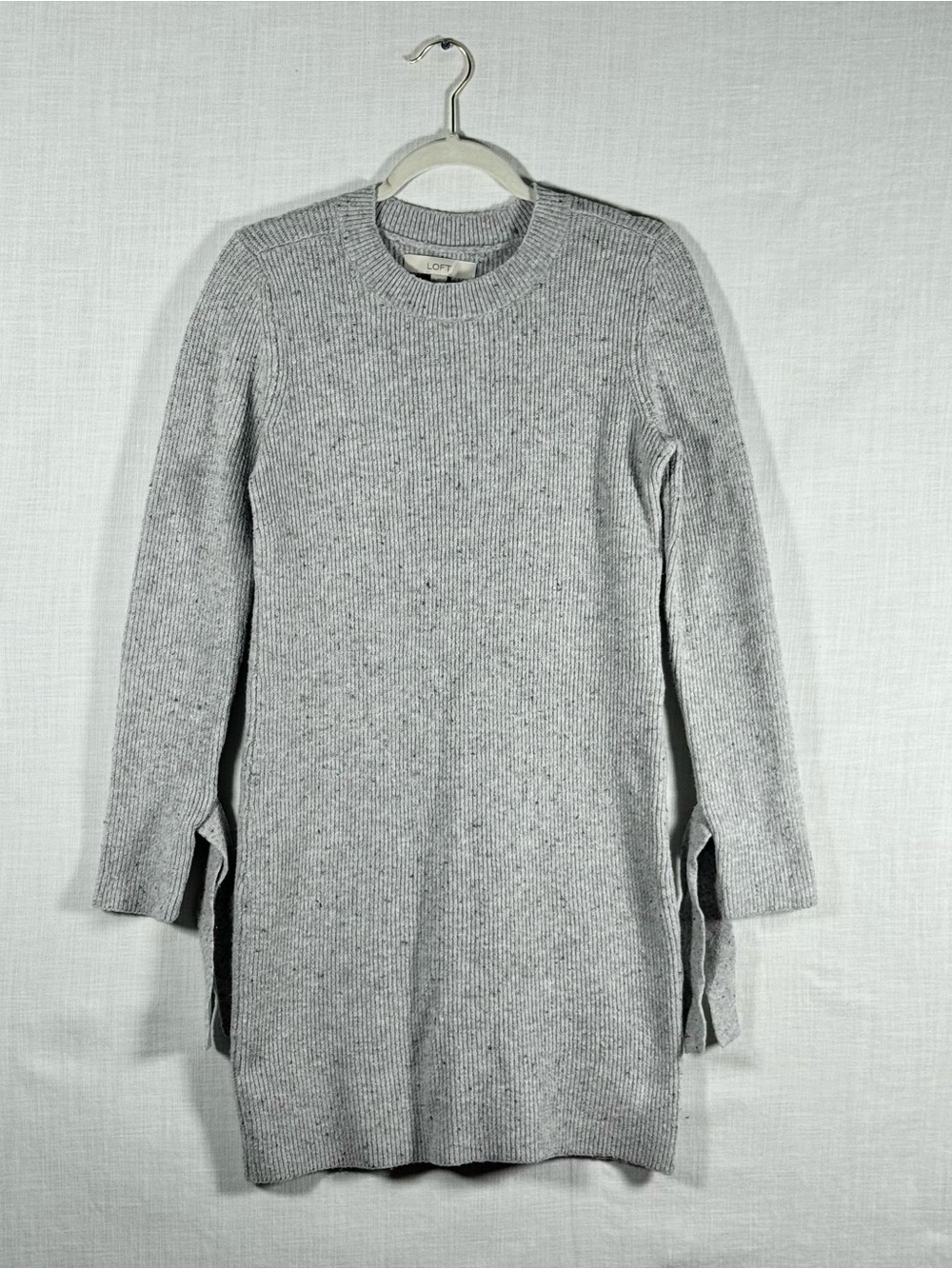 LOFT Speckled Gray Ribbed Knit Mini Sweater Dress Size S NWT